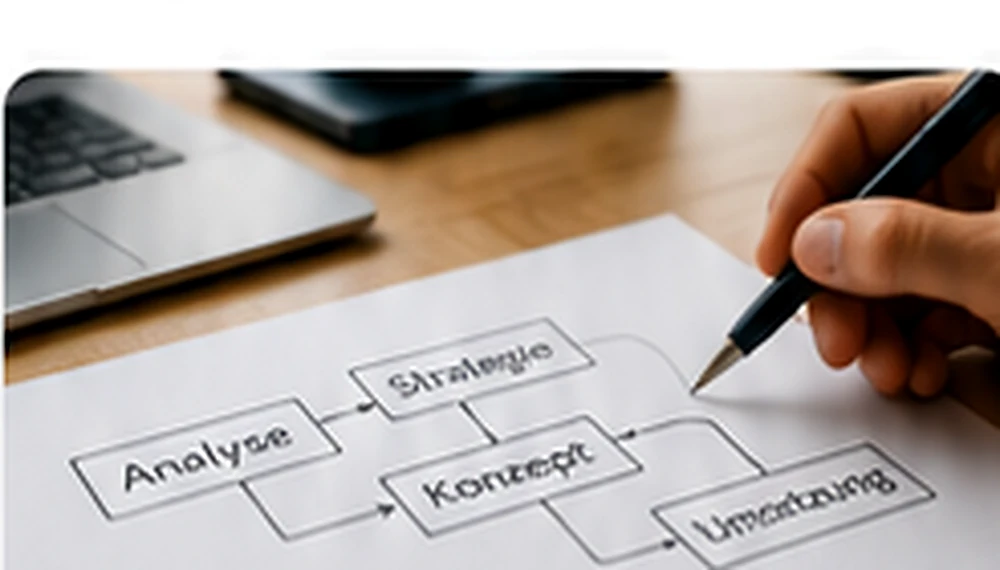 Strategiepapier mit Analyse, Konzept und Umsetzung in einem Arbeitsmeeting